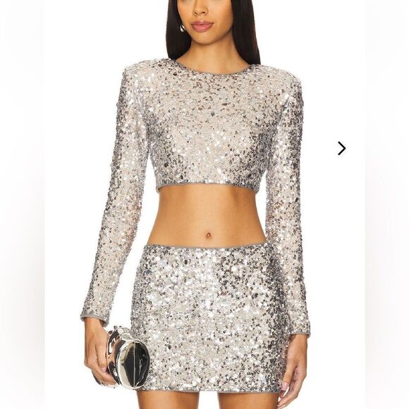 NWT Lovers and Friends CRYSTAL SEQUIN CROPPED TOP silver blouse Revolve S - Picture 1 of 11